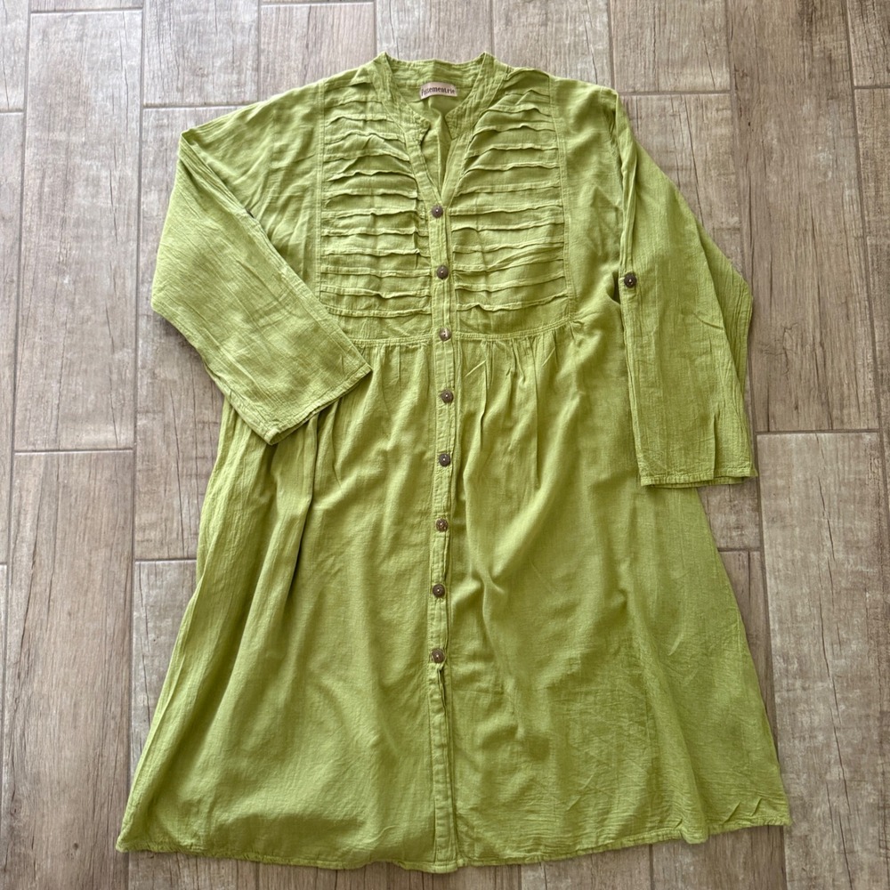 Passementrie Lime Green Gauze Button Down Tunic Dress Pleated Ruffle Boho XL